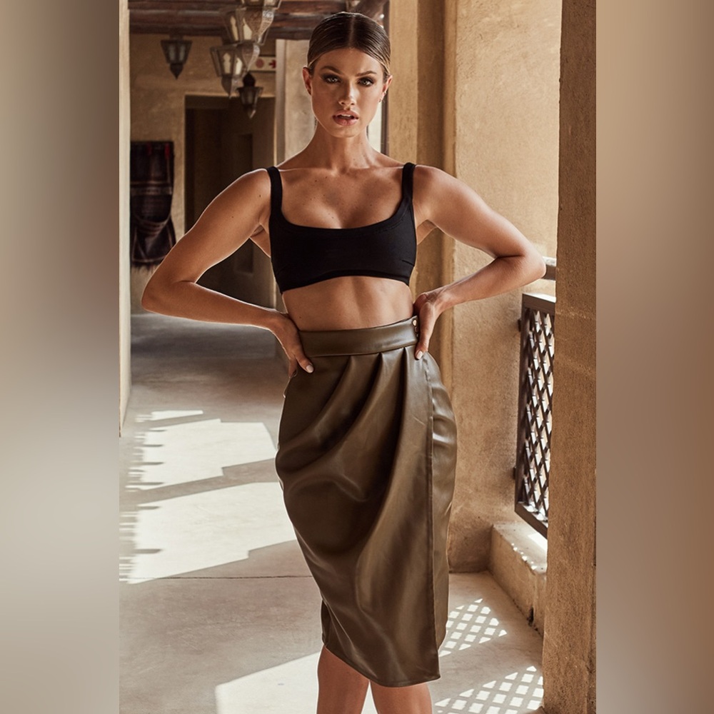 House of CB Laraine KHAKI VEGAN LEATHER WRAP SKIRT